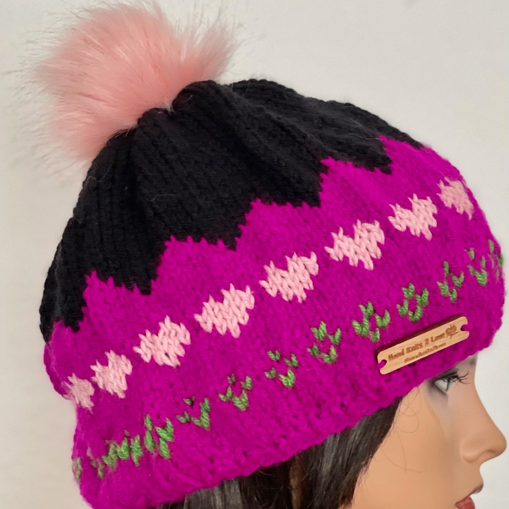 Hand Knits 2 Love Beanie Hat Cap Designer Hearts Faux Fur Pom Pom Fair-isle